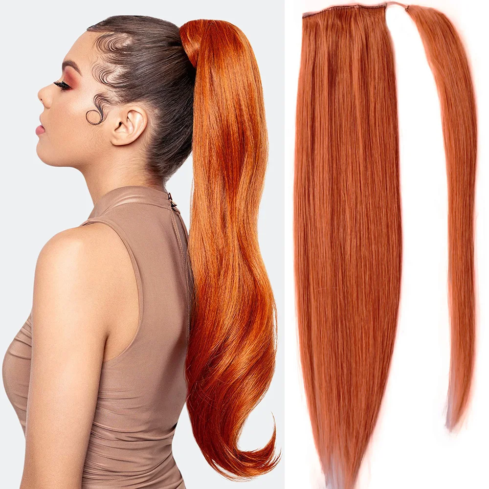Ginger Straight 9A Ponytail Extension Human Hair 80g Orange One Piece Wrap Around Clip in Ponytial Hair Extensions For Women