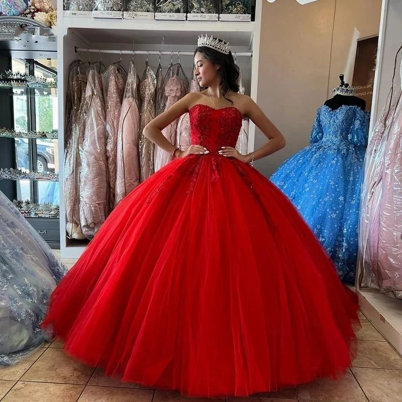 

ANGELSBRIDEP Red Ball Gown Quinceanera Dresses Sweetheart Lace Appliqued Tulle Corset Birthday Princess Sweet 16 Party Gowns