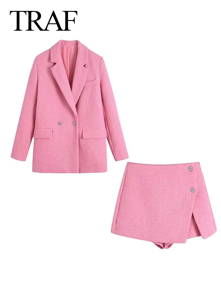 

TRAF Office Blazer 2 Piece Solid Pink Long-sleeved Suit Collar Double-breasted Coat + Diamond Button Zipper Slim Sexy Shorts