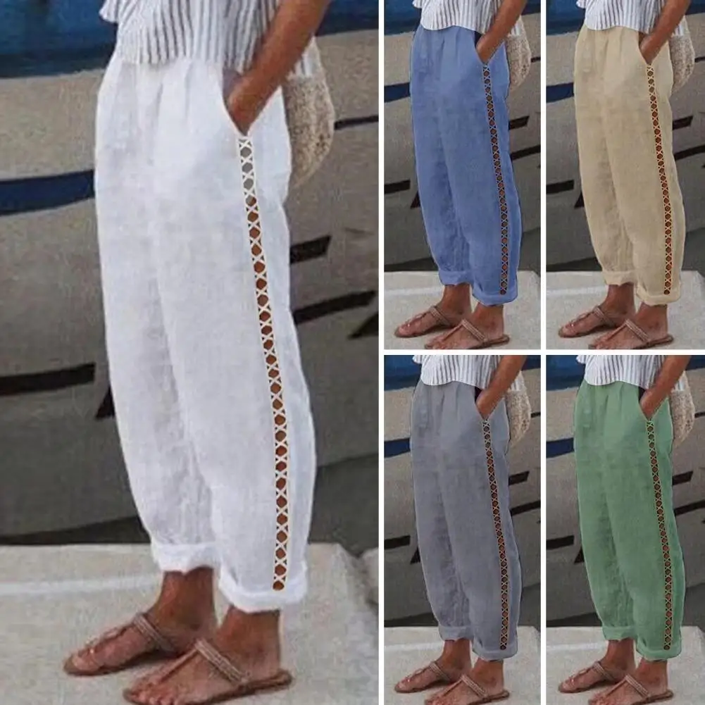 Cotton Linen Elegant Vintage Women Pants with Pockets Elastic High Waist Long Trousers Streetwear Elegant Ladies Casual Pants