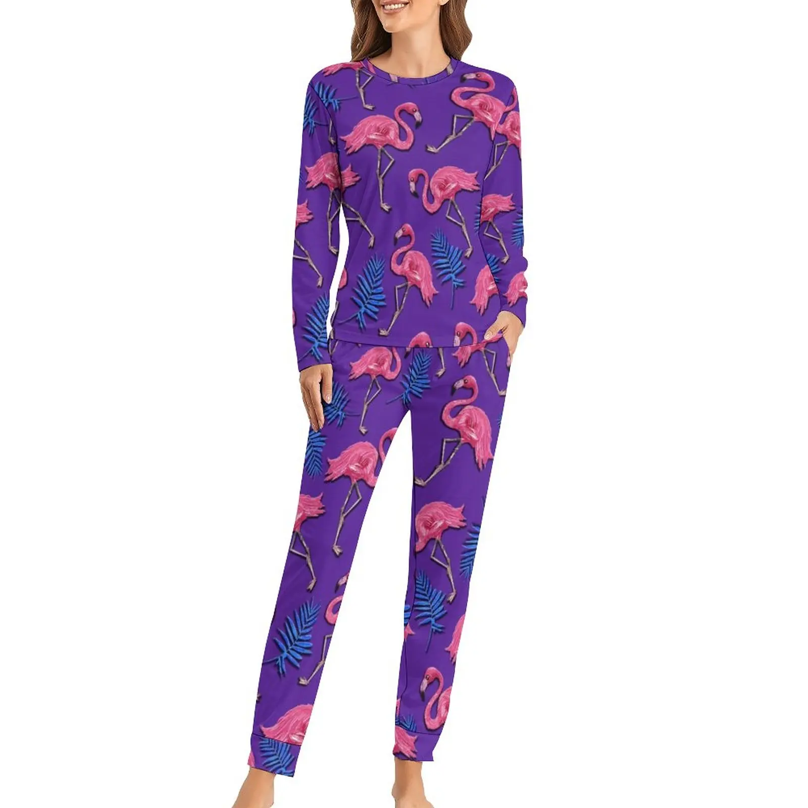 

Pink Flamingo Pajamas Women Tropical Bird Print Kawaii Sleepwear Daily Two Piece Casual Oversized Pajama Sets