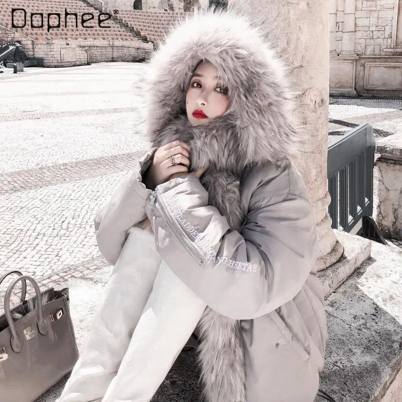 Couple's Four-Strip Fur Collar Embroidered Two-Color Jacket Thick Cotton Clothing Ladies Winter Warm Coat New Fashion Trend