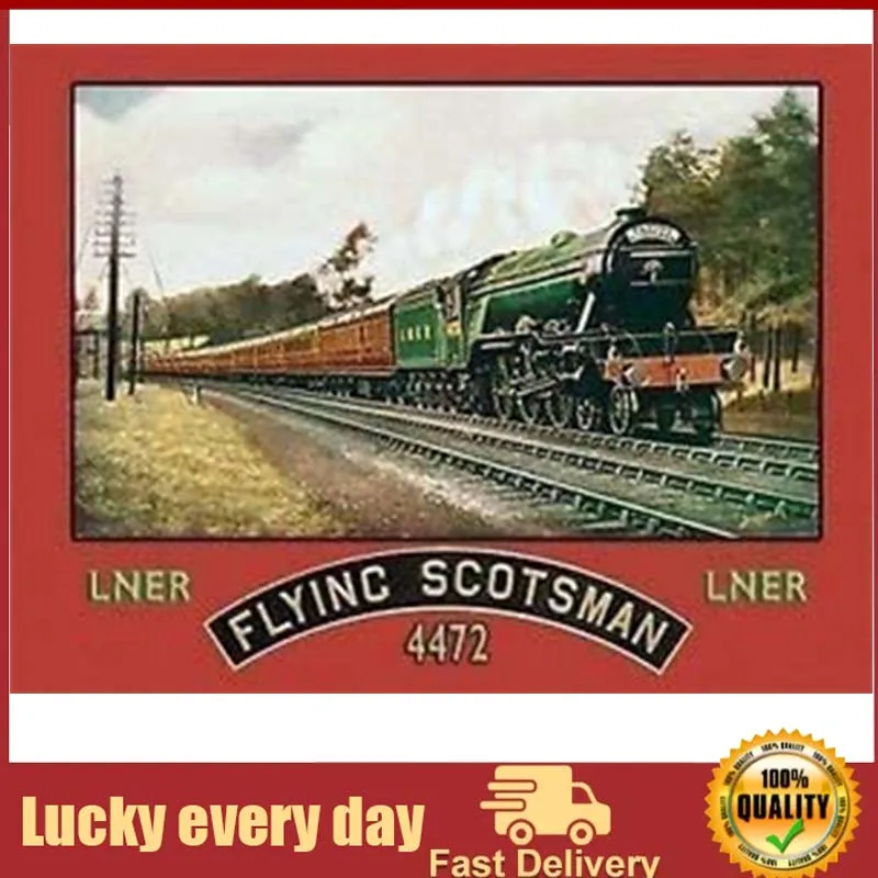 

Flying Scotsman. Green locomotion steam engine train. Retro, vintage advert for house, home, bar, pub or shop. Small Metal/Stee
