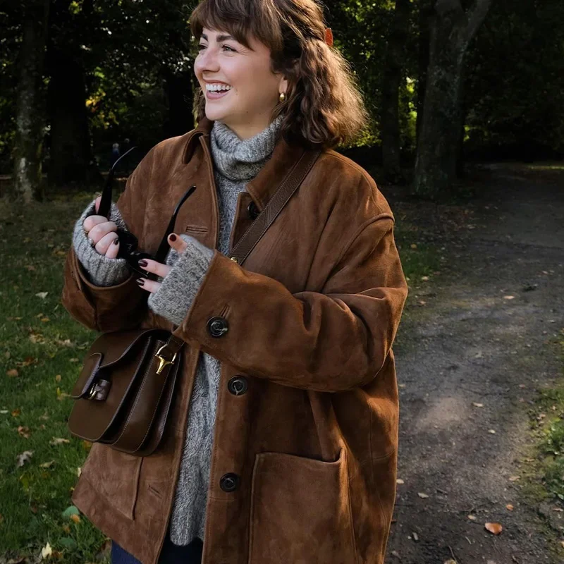 Замшевый пиджак TRAF женский верхняя одежда осенне-зимняя офисная коричневый с