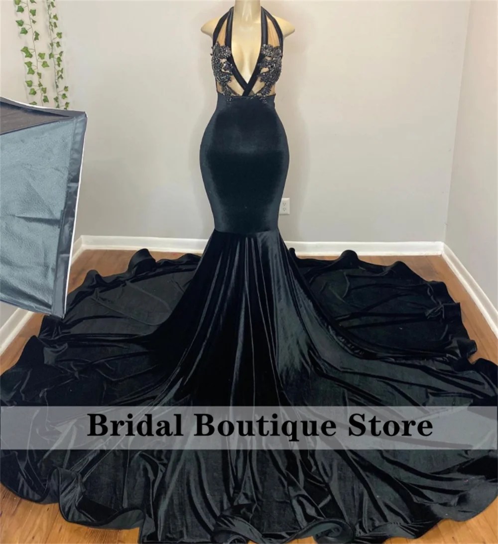 

Sexy Black Mermaid Prom Dress 2022 Halter Velvet Beads Birthday Party Wedding Guest Gown Robe De Bal