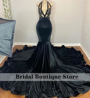 sexy black mermaid prom dress 2022 halter velvet beads birthday party wedding guest gown robe de bal