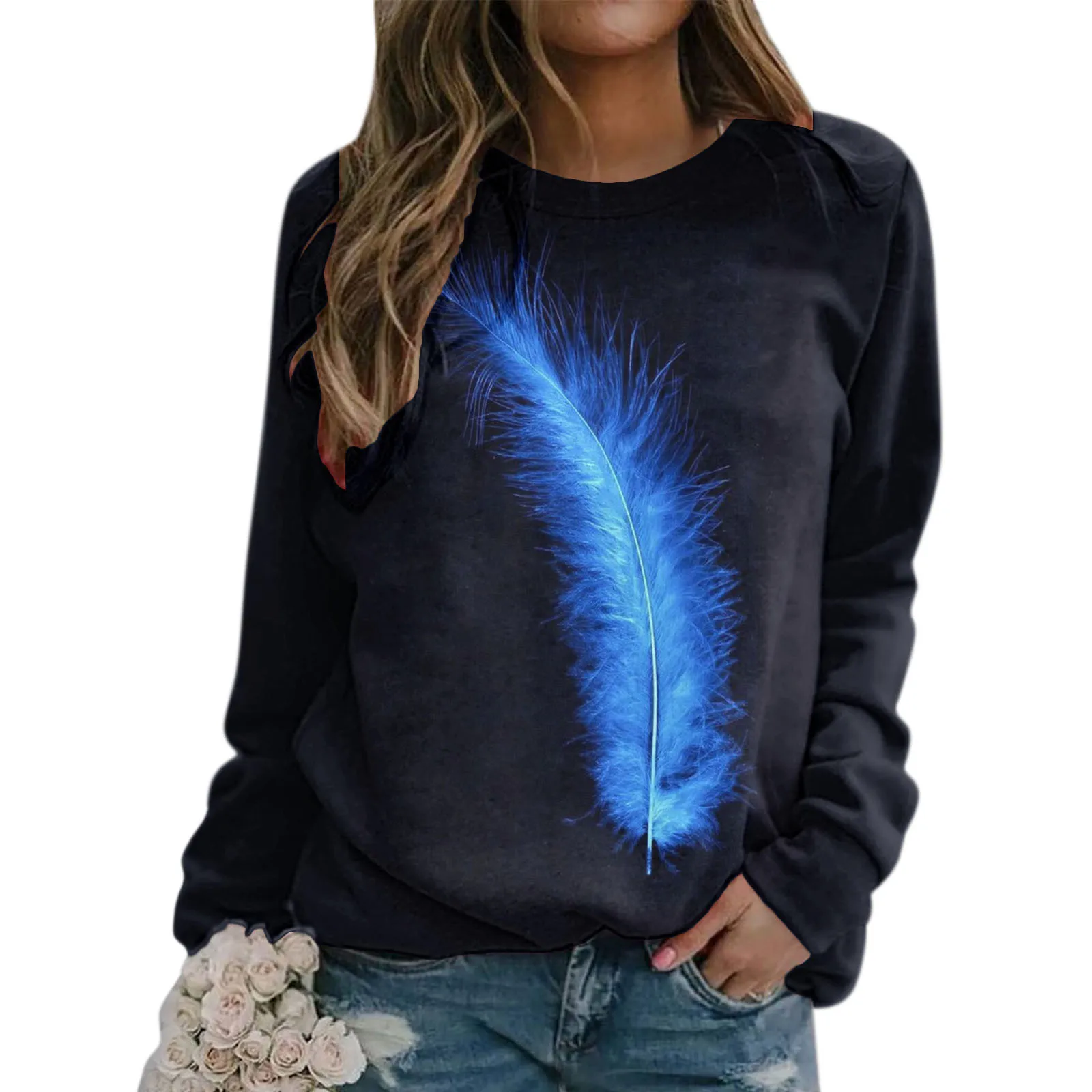 

Pullover Sweater Tops For Womens Print O Neck Sweatshirt Round Neck Fit Pullover Tops Casual Fleece Sweatshirt Women Full Zip