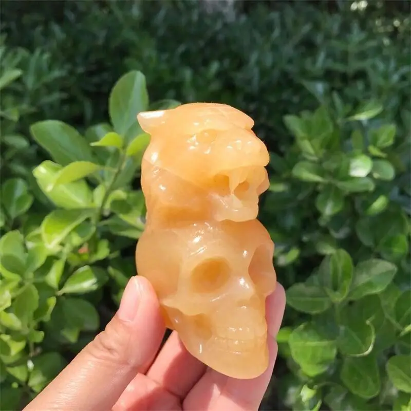 

Natural Yellow Calcite Skull Mineral Gems Head Carved Reiki Healing Gift Crafts Feng Shui Home Decoration Stone Statues