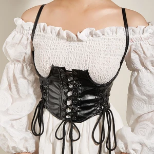 Gothic Punk Faux Leather Wide Corset Belt Slimming Body Belt Three Lace-Up Bandage Women Suspender B in USA (United States)