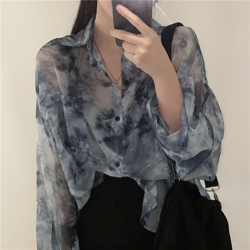 

Shirts Women Fashion Tie Dye Harajuku Gothic Top New Korean Loose Casual Clothes Sun-proof Embroidery All-match Summer Holiday