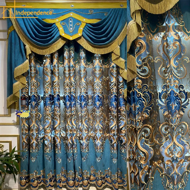 

2023 new luxury European-style blue chenille embroidered curtains living room study bedroom bay window floor-to-ceiling window
