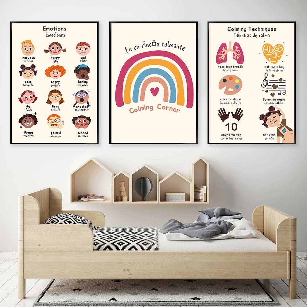

Educational Poster Classroom Canvas Painting Modern Art Print Bilingual Spanish Emotion Wall Picture For Living Room Home Decor