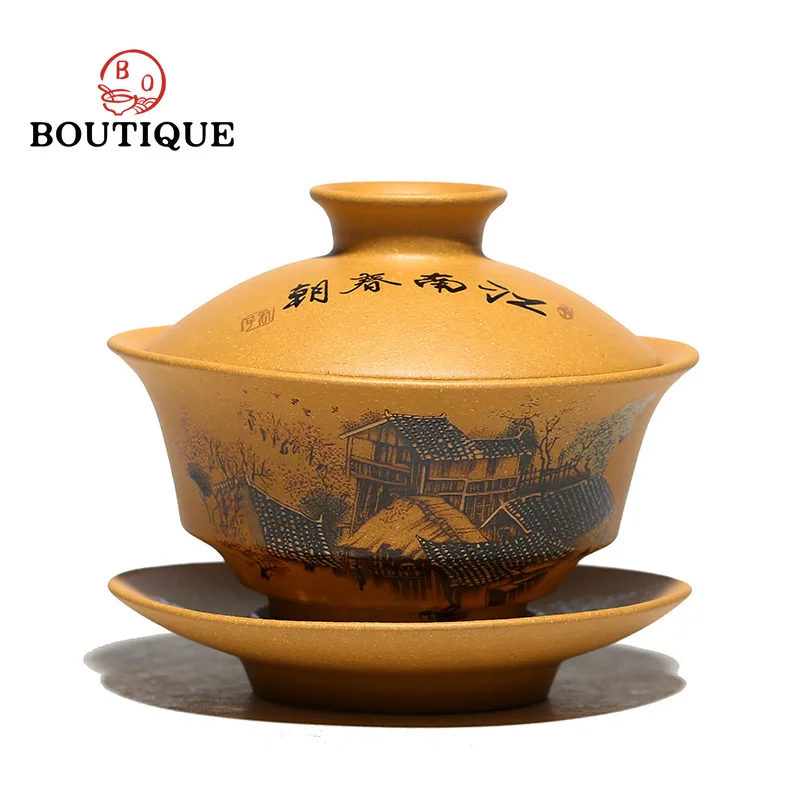 

130ml Yixing Purple Clay Tea Maker Gaiwan Handpainted Jiangnan Scenery Tea Tureen Chinese Retro Tea Set Accessories Tea Ceremony