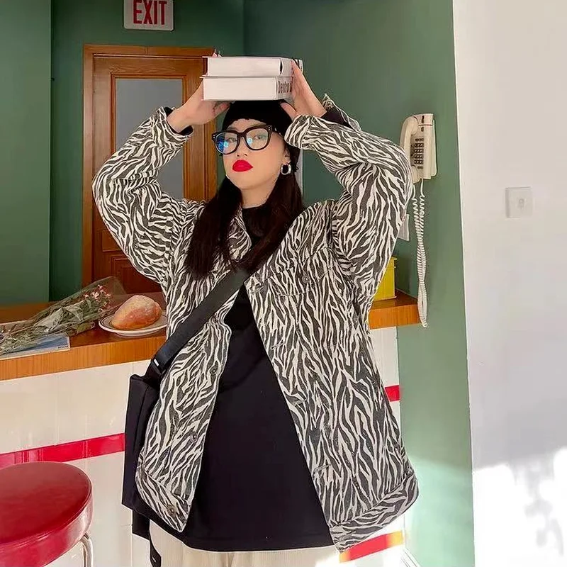 Женская джинсовая куртка в полоску зебры Y2K винтажная универсальная женская