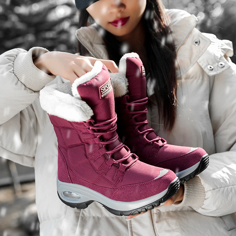 Women Platform Ankle Boots Winter Keep Warm Wedges Snow Boots Plush Waterproof Ladies Mid-Calf Comfortable Booties Botines Mujer