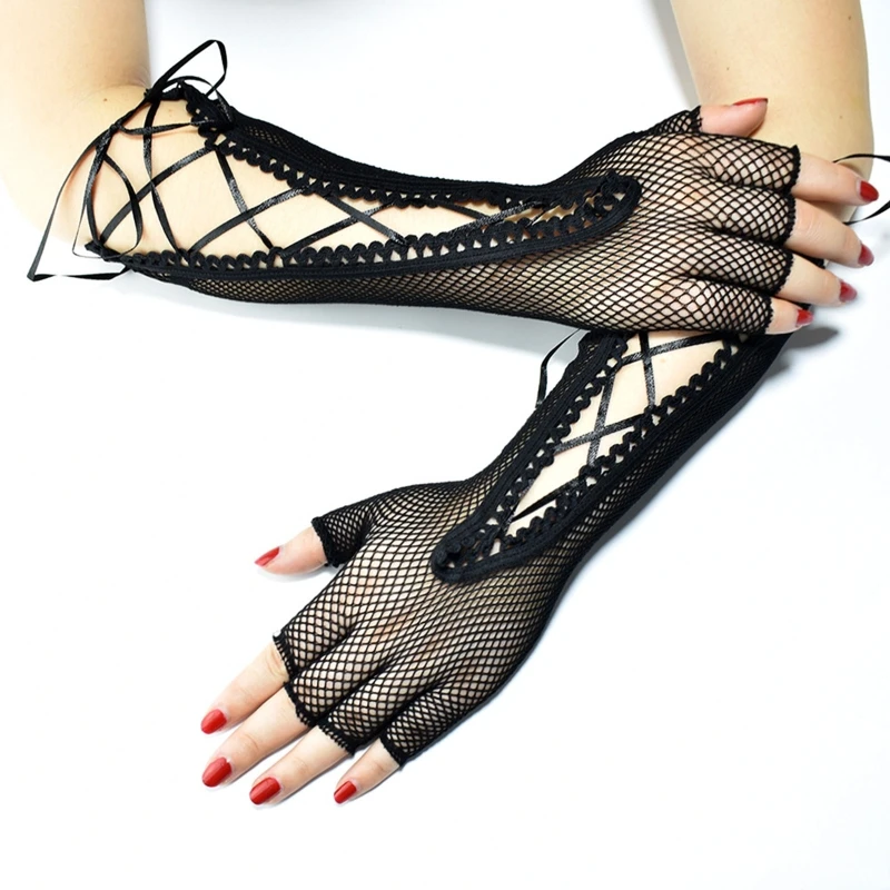 

Adult Hollow Out Gloves Wedding Party Bride Mittens Sheer Mesh with Bandage Rope Half Finger Gloves Cosplay Costume M6CD