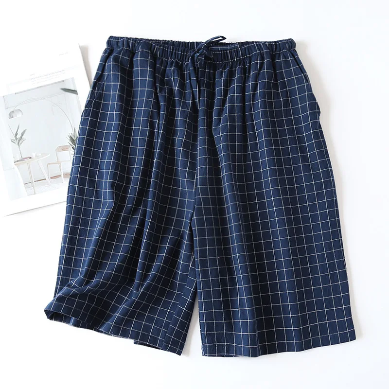 Summer Plaid Mens Sleep Bottoms Nightwear Loose Cotton Sleeping Pants With Pockets Men Leisure Knee-length Sleep Shorts Homewear
