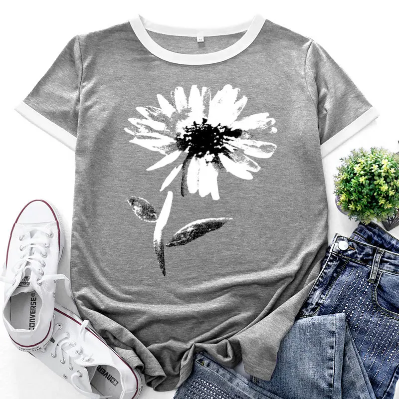 

Patchwork Collision Sunflower Printed Pattern Cotton Short Sleeve Round Neck T Shirt Women's Loose Casual Women's Free Shipping