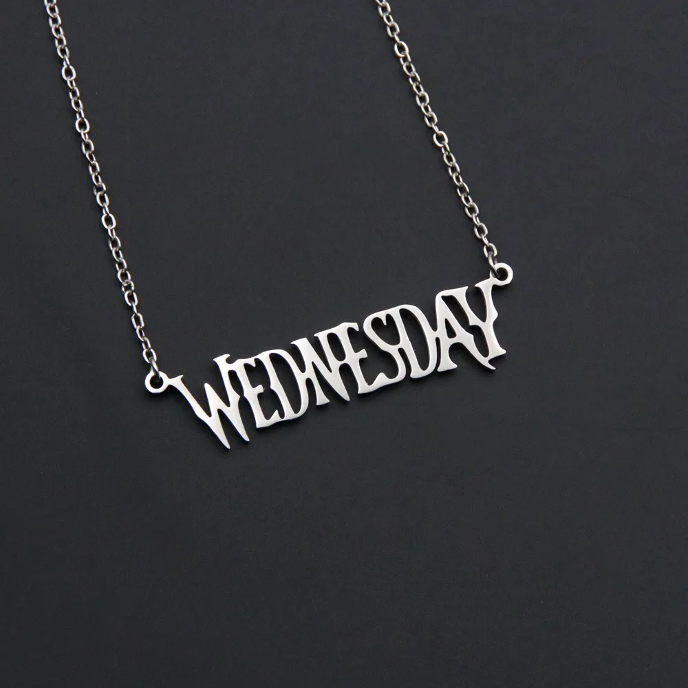 

Wednesday Addams Cartoon Pendant Necklace Personality Birthday Sweater Chain Decoration Goth Steel Doodle Alphabet Lettering