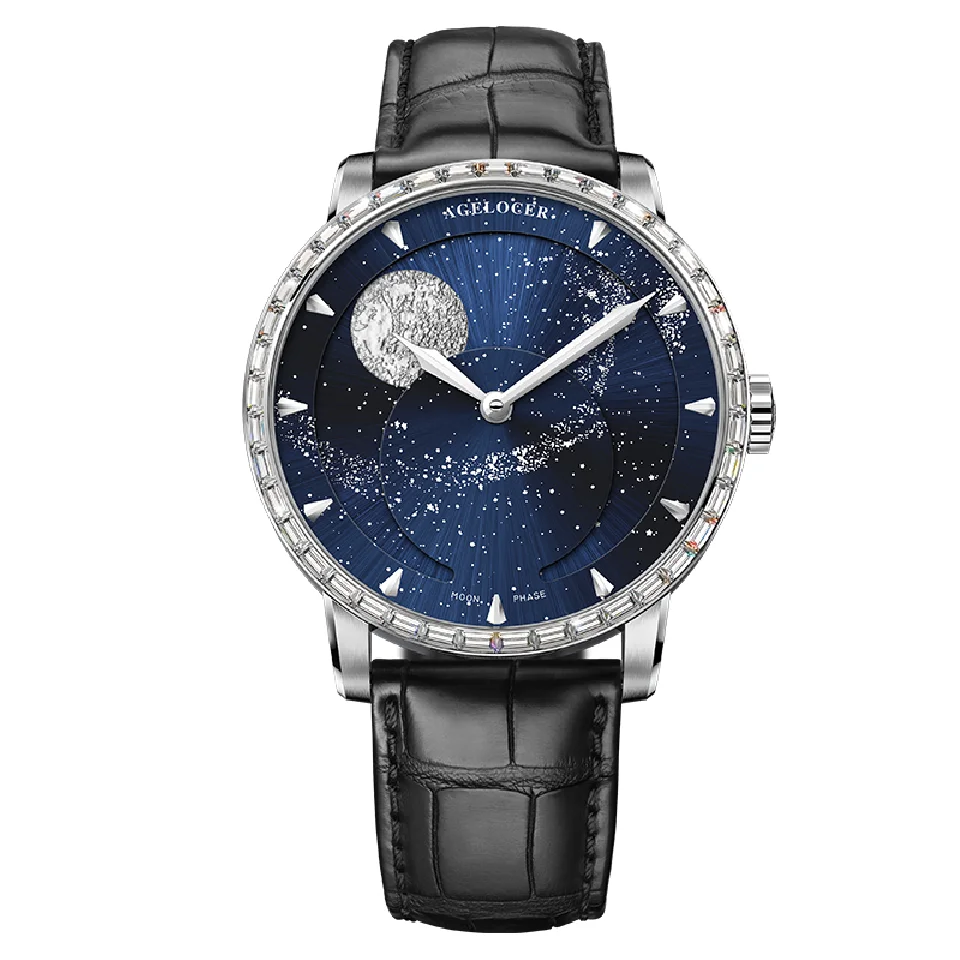 

AGELOCER Men Mechanical Wristwatches Moonphase Mens Watches Automatic Watch Blue Clock Genuine Leather Waterproof Watch For Men