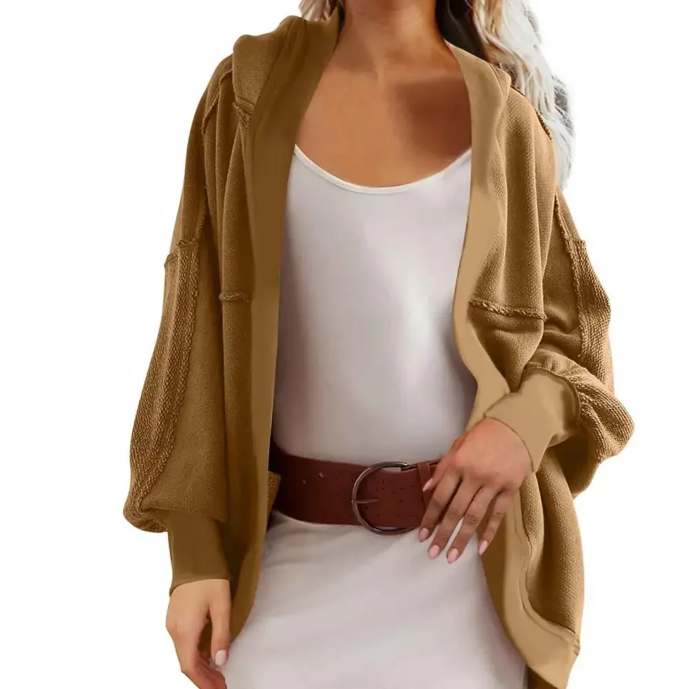 Осенняя женская комбинированная куртка с кепкой свободный однотонный кардиган