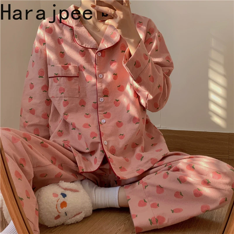 

Harajpee Pajamas Ins Strawberry Printing Sweet Turn-down Collar Two-piece Suit Homewear Korean Chic Spring New Women Nightgown