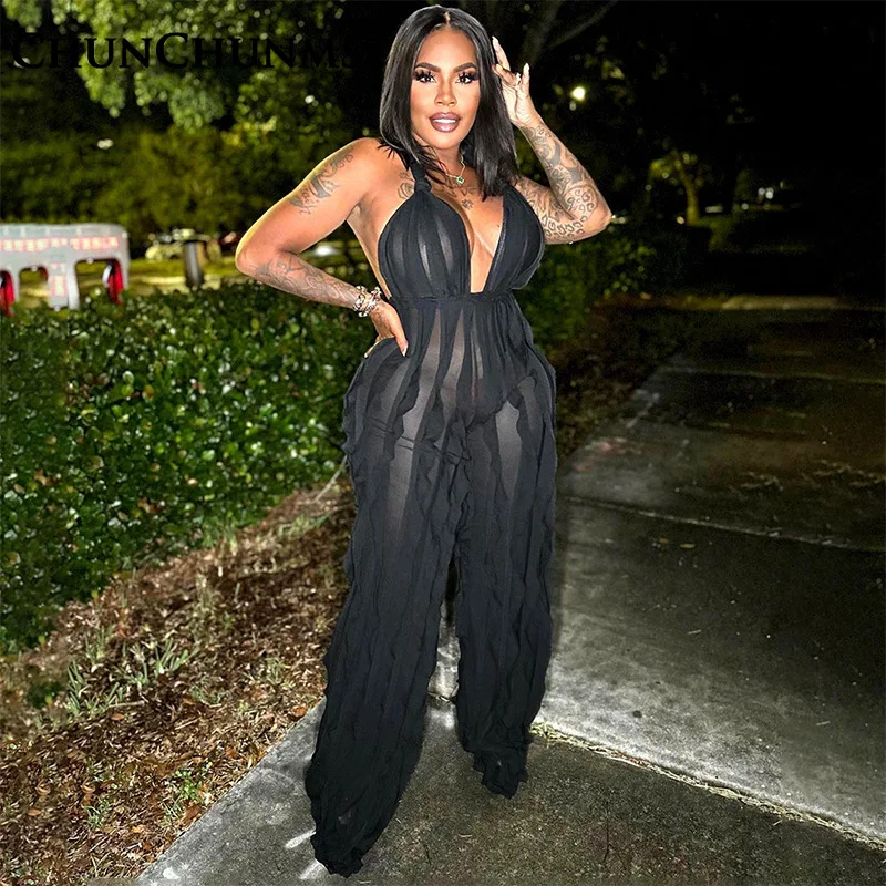 

Sexy Wavy Chest Wrap Halter Pleated Jumpsuit Casual Sport Fitness One Piece Pants See Through Party Outfit Club Backless Romper