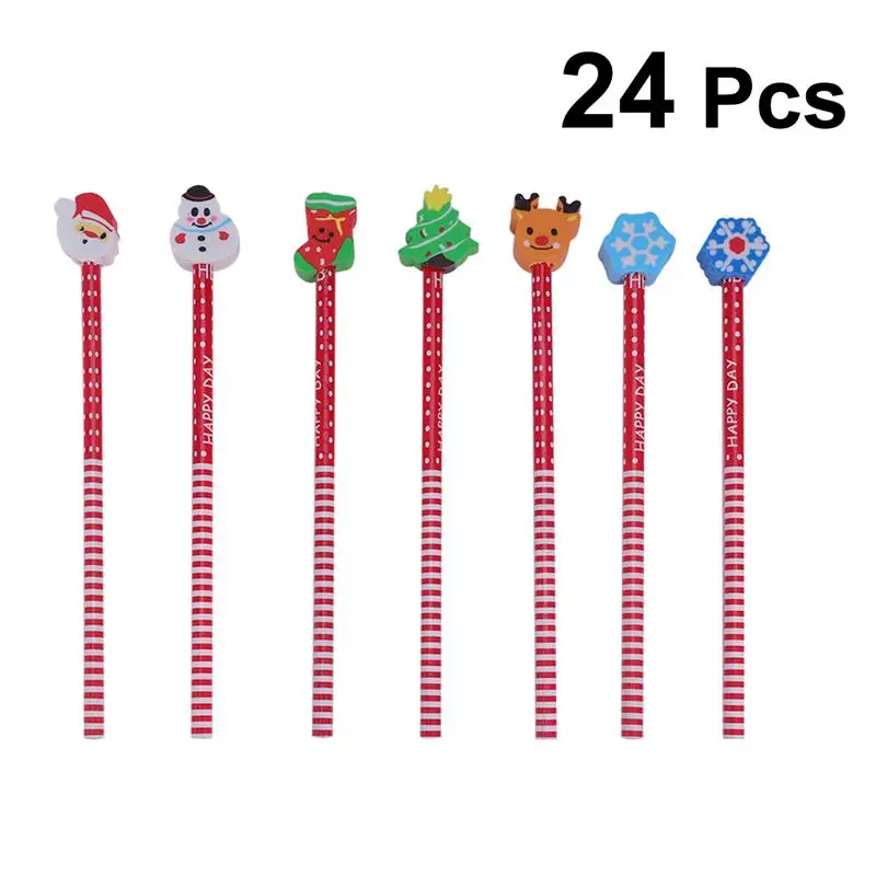 

24pcs Christmas Pencils Eraser Set Wood Rubber Cartoon Elk Snowflake Snowman Eraser for School Students Stationery Drawing