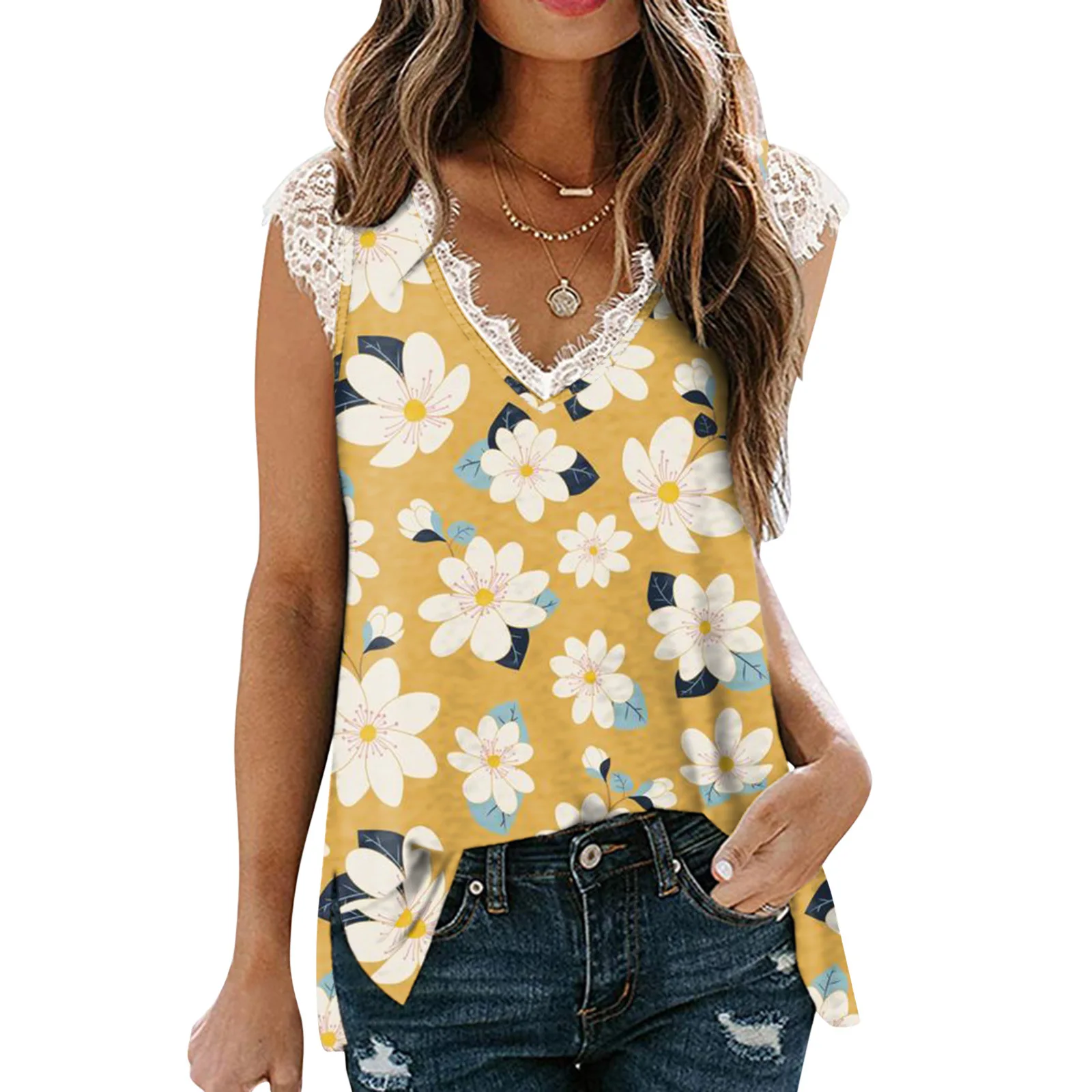 

2022 Summer New European and American V-neck T-shirt Fashion Printing Lace Stitching Top Ladies Slim T-shirt
