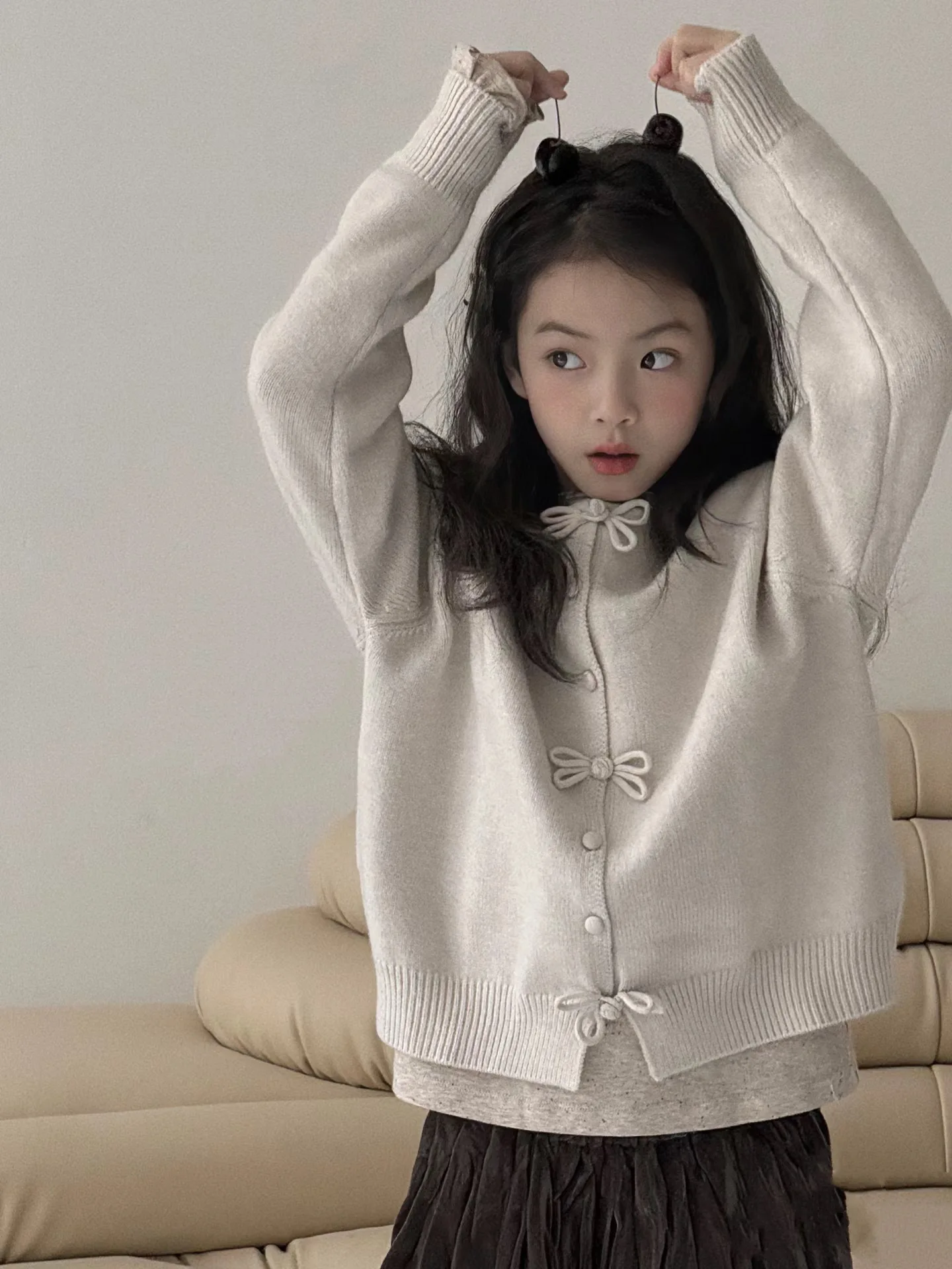Korean Children's Girls Sweater Cardigan Fall 2024 New Yangqi Fashion Wild Bow Tie Knit