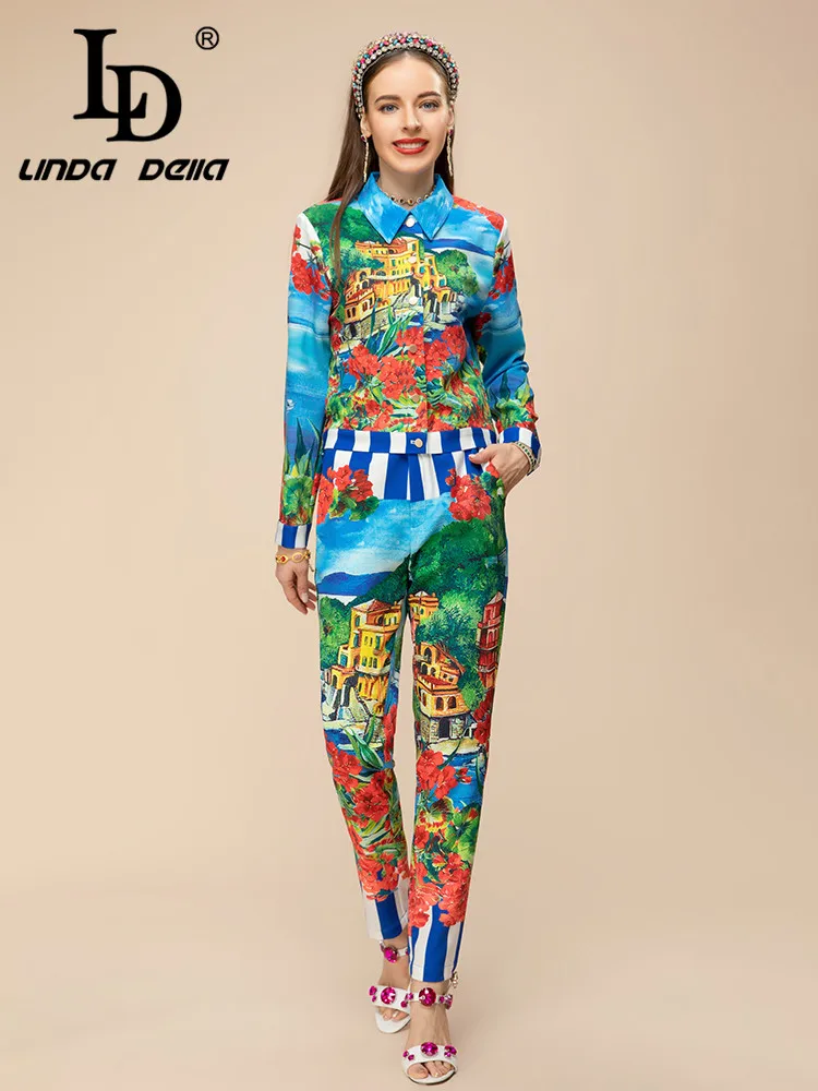 

LD LINDA DELLA/Летний дизайнерский комплект для женщин, однобортный Топ с отворотом и архитектурным принтом + прямые брюки в полоску, комплект из 2 предметов