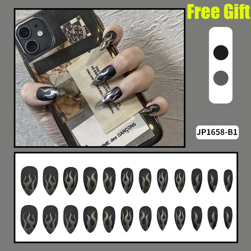 

24pcs/set long fake nails press on acrylic nails supplies french pointed dark black flame manicure tips faux ongles reutilisable