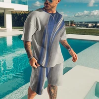 summer new mens 3d printing color water layered lines casual oversized round neck mens short sleeve shorts set