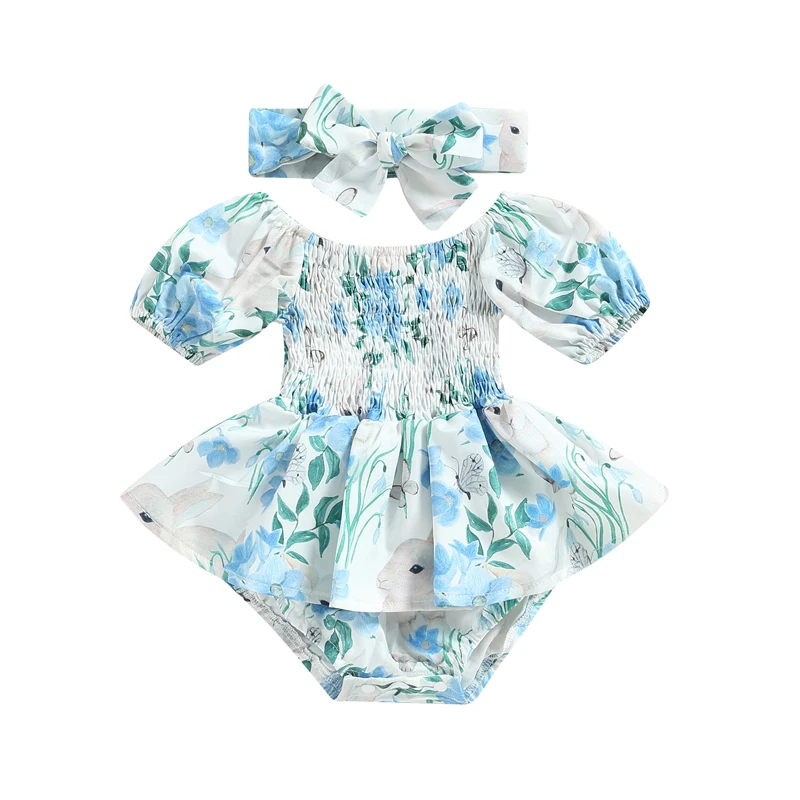 

Комбинезон для маленьких девочек, комбинезон с коротким рукавом, открытыми плечами, цветочным принтом кролика и повязкой на голову, летний ...