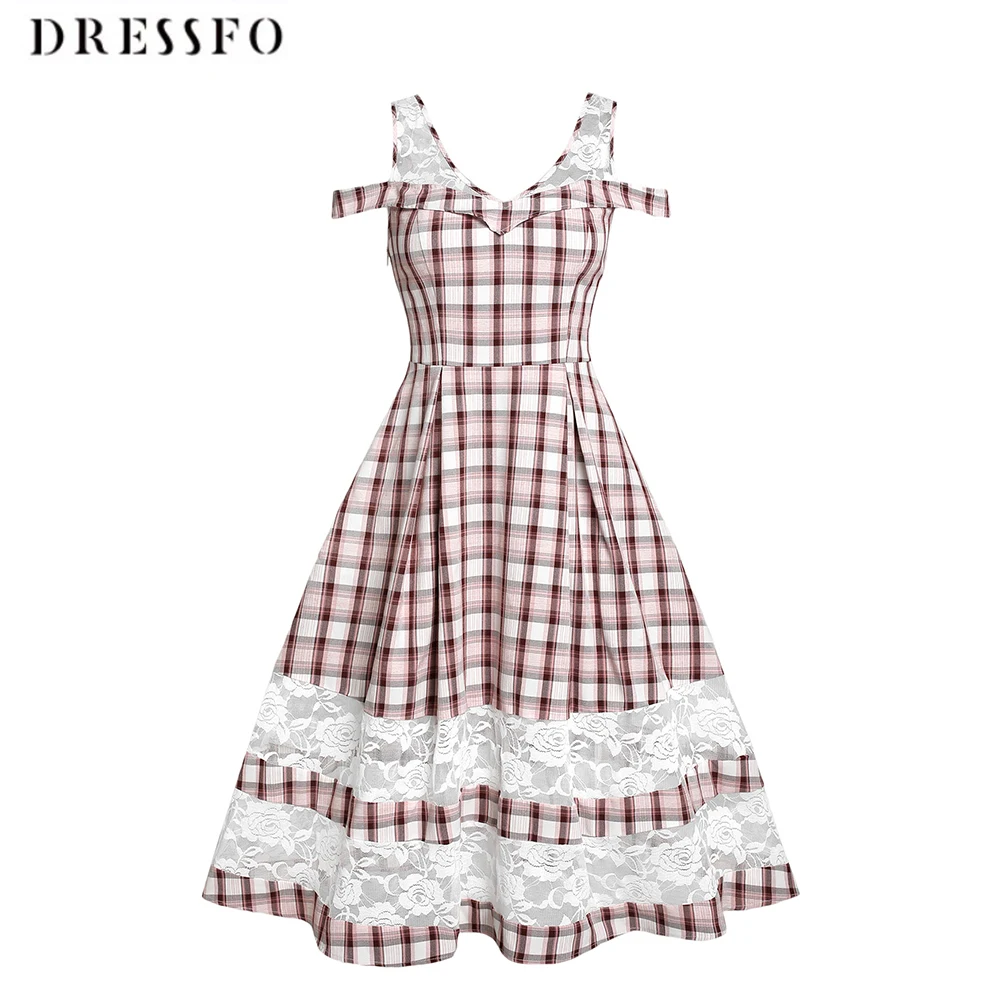 

Women's Vintage Plaid Checked Cold Shoulder Cutout Lace Insert Midi A Line Open Shoulde Flared Retro High Waisted Dress 2023