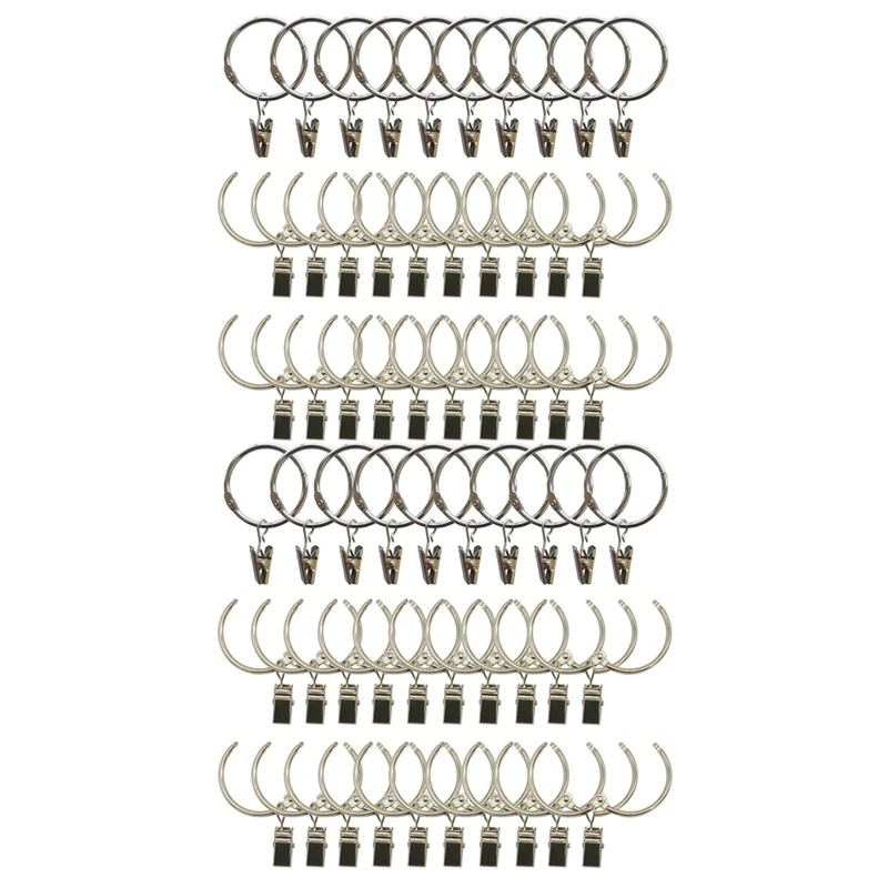 

60X Curtain Clips With Rings Metal Rustproof Drapery Rod Rings Hooks With Strong Clip Easy Open And Close 1.5Inch Silver