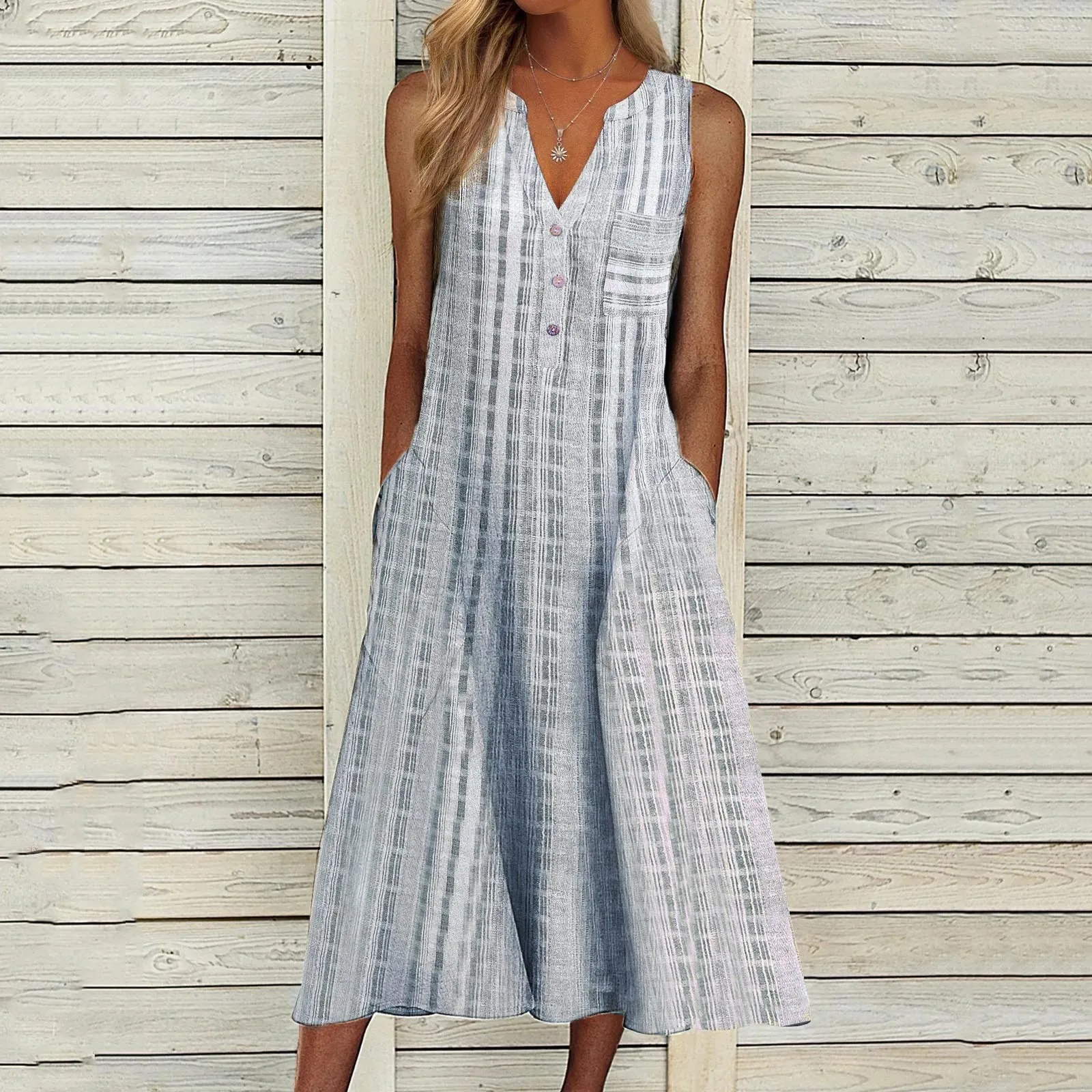 

Summer Dress Women V Neck Sleeveless Pocket Button Loose Maxi Dresses Vintage Print Party Dress 2023 A-line Beach Dress