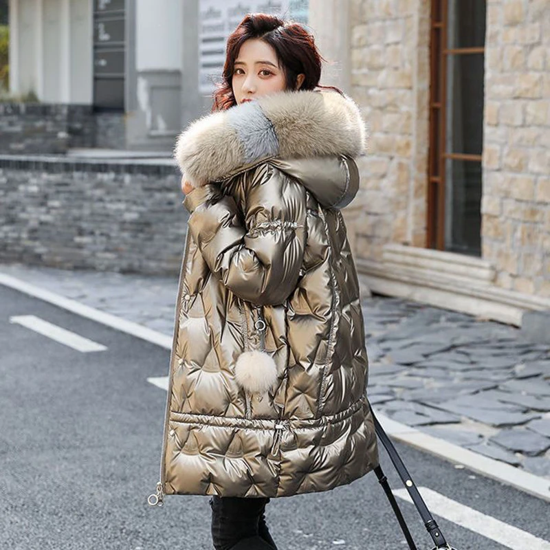 

KBAT Glossy Parka Coat Women's 2022 Fashion Thicken Winter Hooded Loose Long Jacket Female Windproof Rainproof Warm Outwear