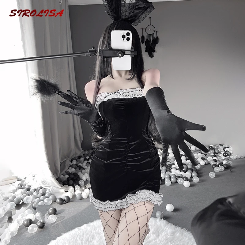 

SIROLISA сексуальный милый Банни кружевной топ на бедрах ночной клуб форма цельный Косплей костюмы черное горячее нижнее белье наряды тонкие п...