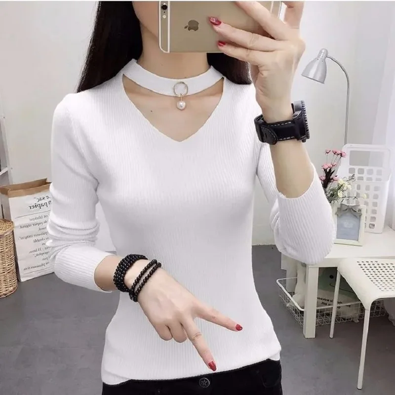 2022 New Simple White Club Solid Knitted Sweater Casual Spring Slim Vintage Top Women V Neck Street Style Long Sleeved Pullovers