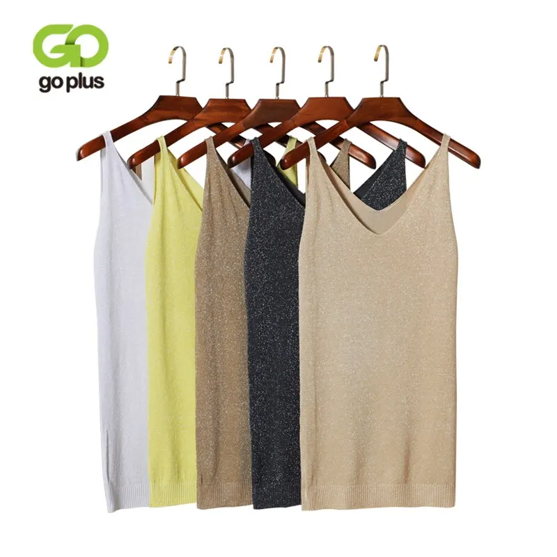 

GOPLUS 2022 Spring Sexy Knitted Tank Top Women Slim Solid Silver V Neck T-shirt Female Crop Sleeveless Vest Casual Camis Blouse