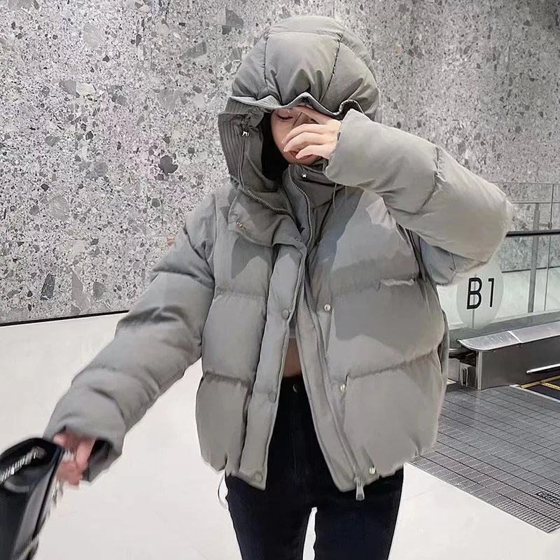 Down Jacket Women's Winter Solid Colour Flower Bud Hat Thickening Warm White Duck Down Hooded Cotton Jacket Hundred with Jacket