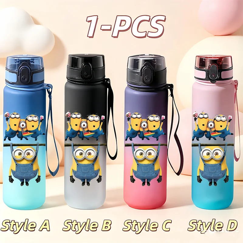 Фото Детская бутылка для воды Cute Banana Minions, 650 мл, матовая, с градиентным эффектом, герметичная, с ремешком для переноски, портативная, для улицы №4