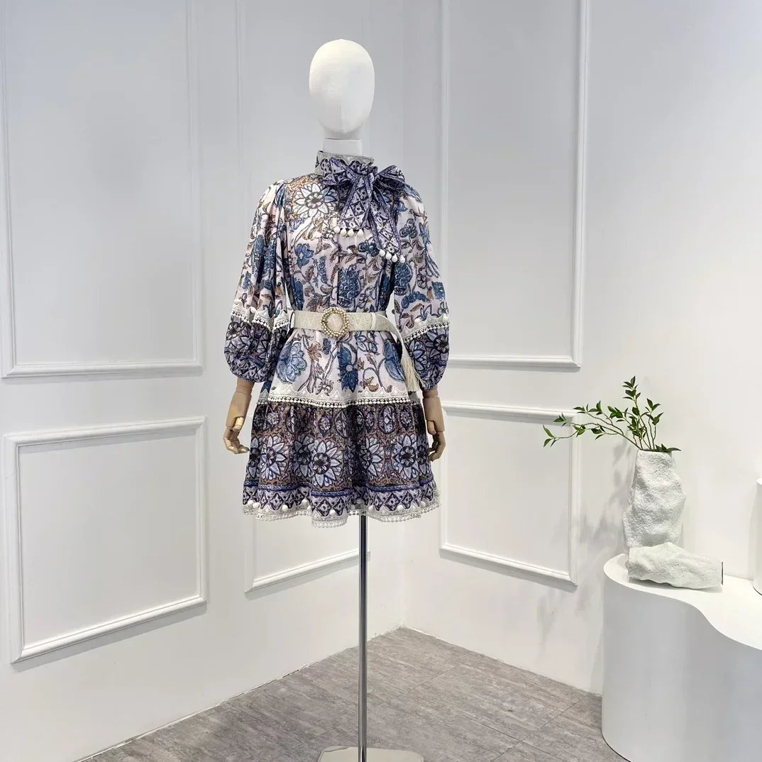 

New Arrival 2023 Spring Summer Top Quality Vintage Floral Printing Belt Lantern Sleeve Self Bow Tie Neckline Woman Mini Dress