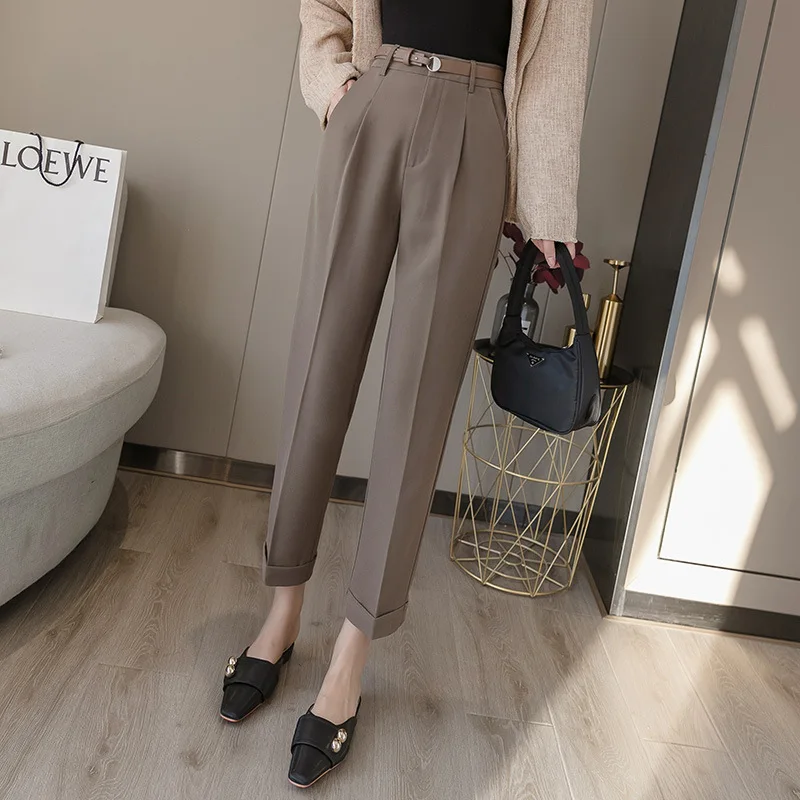 

Elegant Famale Straight Pants Spring Women High Waist Slim Pencil Trousers Office Lady Ruched Pockets Loose OL Casual Streetwear