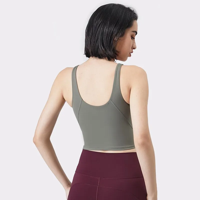 

Hot Gym Tank Top Sexy Tight Yoga Vest Nude Skin-friendly Fitness Women Sports Bra With Removable Chest Pad Moisture Wicking