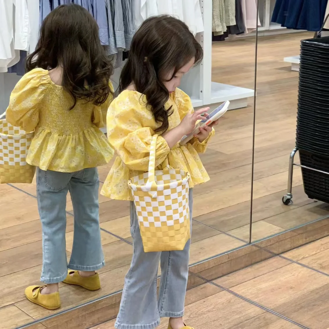 Girls Long Sleeved Shirt Fashionable Spring Clothing Childrens Princess Style Doll Shirt Top Denim Bell Bottoms Outerwear Pants