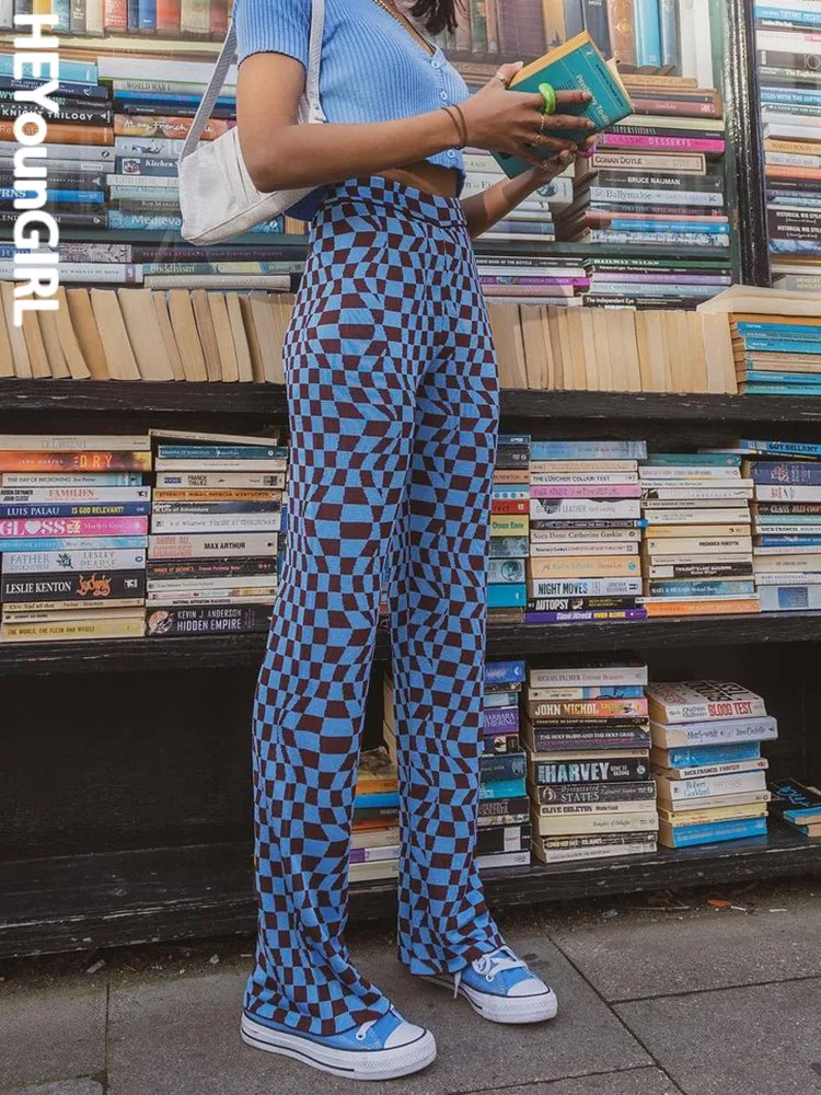 

Повседневные винтажные трикотажные брюки HEYounGIRL, длинные брюки в клетку с высокой талией, женская трикотажная одежда с узором в клетку и ром...