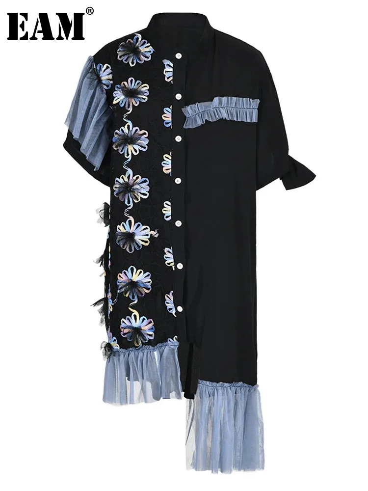 

[EAM] женское черное платье-рубашка с кисточками и асимметричным цветком средней длины большого размера, новое модное весенне-летнее платье с короткими рукавами и лацканами 2023 1DF714401