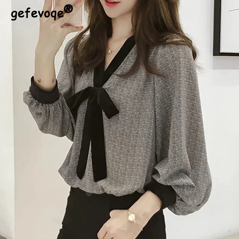 Spring Summer Houndstooth Print Street Oversized Fashion Blouse Women Casual Bow V Neck Long Sleeve Chic Loose Shirt Ladies Tops